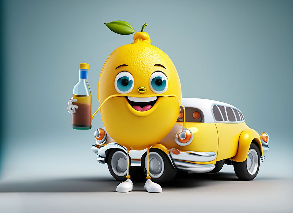 Cartoon lemon character with a bottle, standing next to a yellow car.